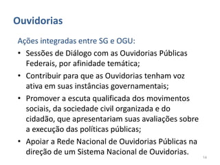 Ouvidorias
Ações integradas entre SG e OGU:
• Sessões de Diálogo com as Ouvidorias Públicas
  Federais, por afinidade temática;
• Contribuir para que as Ouvidorias tenham voz
  ativa em suas instâncias governamentais;
• Promover a escuta qualificada dos movimentos
  sociais, da sociedade civil organizada e do
  cidadão, que apresentariam suas avaliações sobre
  a execução das políticas públicas;
• Apoiar a Rede Nacional de Ouvidorias Públicas na
  direção de um Sistema Nacional de Ouvidorias.
                                                     14
 