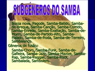 Bossa nova, Pagode, Samba-Batido, Samba-de-Breque, Samba-Canção, Samba-Corrido, Samba-Enredo, Samba-Exaltação, Samba-de-Morro, Samba-de-Partido-Alto, Samba-Raiado, Samba-de-Roda, Samba-de-Terreiro, Sambalanço  Gêneros de fusão:  Samba-Choro, Samba-Funk, Samba-de-Gafieira, Samba-Jazz, Samba-Maxixe, Samba-Rap, Samba-Reggae, Samba-Rock, Sambalada, Sambolero. SUBGÉNEROS DO SAMBA 