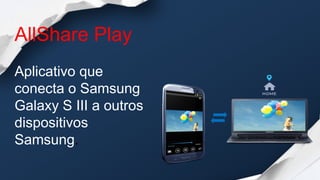 AllShare Play
Aplicativo que
conecta o Samsung
Galaxy S III a outros
dispositivos
Samsung.
 