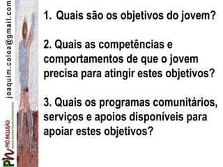 joaquim.coloa@gmail.com
1. Quais são os objetivos do jovem?
2. Quais as competências e
comportamentos de que o jovem
precisa para atingir estes objetivos?
3. Quais os programas comunitários,
serviços e apoios disponíveis para
apoiar estes objetivos?
 