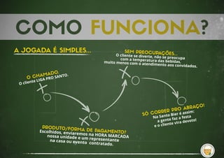 COMO FUNCIONA?
O CHAMADO.
O cliente LIGA PRO SANTO.
PRODUTO/FORMA DE PAGAMENTO?Escolhidos, enviaremos na HORA MARCADA nossa unidade e um representante na casa ou evento  contratado.
SEM PREOCUPAÇÕES...O cliente se diverte, não se preocupa com a temperatura das bebidas,muito menos com o atendimento aos convidados.
SÓ CORRER PRO ABRAÇO!
Na Santo Bier é assim: 
a gente faz a festa 
e o cliente vira devoto!
A JOGADA É SIMPLES...
 