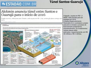 Túnel Santos-Guarujá



        A ligação, orçada em R$ 1,3
        bilhão, está prevista para ser
        entregue em 2016.
        A Dersa (Desenvolvimento
        Rodoviário S.A.) contratará o projeto
        executivo e iniciará o processo de
        licenciamento ambiental do
        empreendimento. Os investimentos
        nessas etapas estão
        estimados, respectivamente, em R$
        39 milhões e R$ 3 milhões.
 