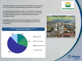 A Bacia de Santos é a maior província petrolífera do país e passa
a ser o principal foco das atividades exploratórias da Petrobrás.

O Investimento equivalente à US$ 17.8 bi até 2013 na bacia de
Pré-sal de Santos.O plano para o pré-sal é que em 2017 a Bacia
de Santos esteja produzindo 1 milhão de barris de petróleo
equivalente por dia.
                                                                     Futura sede da Unidade de Negócio de
                                                                     Exploração e Produção da Bacia de Santos
Instalação de sede de Unidade de Operações no Pré-sal no            (UM-BS)
Centro de Santos, próximo ao Cais (abrigará de 2.200 à 6.000
funcionários)




                                                                                                                |
 