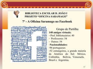 BIBLIOTECA ESCOLAR D. JOÃO I
               BIBLIOTECA
 PROJETO “OFICINA SARAMAGO”

7º - A Oficina Saramago no Facebook

                        Grupo de Partilha
                  148 amigos virtuais:
                  - Prof. bibliotecários: 40
                  - Professores: 54
                  - Outros: 54
                  -Nacionalidades:
                  -96 portugueses
                  -52 estrangeiros, a grande maioria
                  da América do Sul: México,
                  Colômbia, Bolívia, Venuzuela,
                  Brasil e Argentina.

                                                 12
 