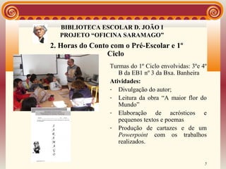 BIBLIOTECA ESCOLAR D. JOÃO I
                BIBLIOTECA
  PROJETO “OFICINA SARAMAGO”
2. Horas do Conto com o Pré-Escolar e 1º
                 Ciclo
                 Turmas do 1º Ciclo envolvidas: 3ºe 4º
                    B da EB1 nº 3 da Bxa. Banheira
                 Atividades:
                 - Divulgação do autor;
                 - Leitura da obra “A maior flor do
                    Mundo”
                 - Elaboração     de acrósticos e
                    pequenos textos e poemas
                 - Produção de cartazes e de um
                    Powerpoint com os trabalhos
                    realizados.


                                                     5
 