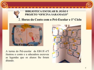 BIBLIOTECA ESCOLAR D. JOÃO I
                               BIBLIOTECA
                 PROJETO “OFICINA SARAMAGO”

           2. Horas do Conto com o Pré-Escolar e 1º Ciclo




A turma do Pré-escolar da EB1/JI nº5
ilustrou o conto e a educadora escreveu
as legendas que os alunos lhe foram
ditando.

                                                            6
 