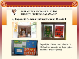 BIBLIOTECA ESCOLAR D. JOÃO I
                     BIBLIOTECA
       PROJETO “OFICINA SARAMAGO”

4. Exposição Semana Cultural/Arraial D. João I




                       Exposição aberta aos alunos e
                       EE/famílias durante as duas noites
                       do arraial (mês de junho).


                                                        9
 