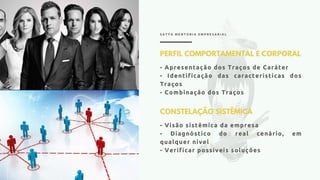 S A T Y A M E N T O R I A E M P R E S A R I A L
PERFIL COMPORTAMENTAL E CORPORAL
- Apresentação dos Traços de Caráter
- Identificação das características dos
Traços
- Combinação dos Traços
CONSTELAÇÃO SISTÊMICA
- Visão sistêmica da empresa
- Diagnóstico do real cenário, em
qualquer nível
- Verificar possíveis soluções
 