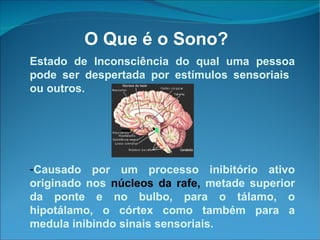 O Que é o Sono? Estado de Inconsciência do qual uma pessoa pode ser despertada por estímulos sensoriais  ou outros. Causado por um processo inibitório ativo originado nos  núcleos da rafe,  metade superior da ponte e no bulbo, para o tálamo, o hipotálamo, o córtex como também para a medula inibindo sinais sensoriais.  