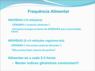 Frequência Alimentar INDIVÍDUO (<5 refeições) CÉREBRO (“carência alimentar”) Armazena energia na forma de GORDURA para necessidade futura. INDIVÍDUO (5 a 6 refeições regulares-dia) CÉREBRO (“não existe carência alimentar”) “ Não precisa fazer reserva de gordura”   Alimentar-se a cada 2-3 horas   -  Manter índices glicêmicos constantes!!! 
