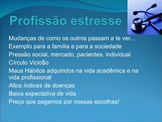 Mudanças de como os outros passam a te ver... Exemplo para a família e para a sociedade Pressão social, mercado, pacientes, individual Círculo Vicio$o Maus Hábitos adquiridos na vida acadêmica e na vida profissional Altos índices de doenças  Baixa expectativa de vida Preço que pagamos por nossas escolhas! 