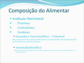 Composição do Alimentar Avaliação Nutricional Proteínas Carboidratos Gorduras Saturadas e Trans (maléfica) - -Colesterol óleo e derivados de côco, bacon e banha de porco, óleo de algodão, óleo de palma(dendê), carnes gordurosas e laticínios integrais. Insaturadas(benéfica) abacate, óleo de canola, de girassol, de amendoim  e azeite de oliva, peixes e frutos do mar (Ômega-3, 6, 9), soja, peixe, grãos) 