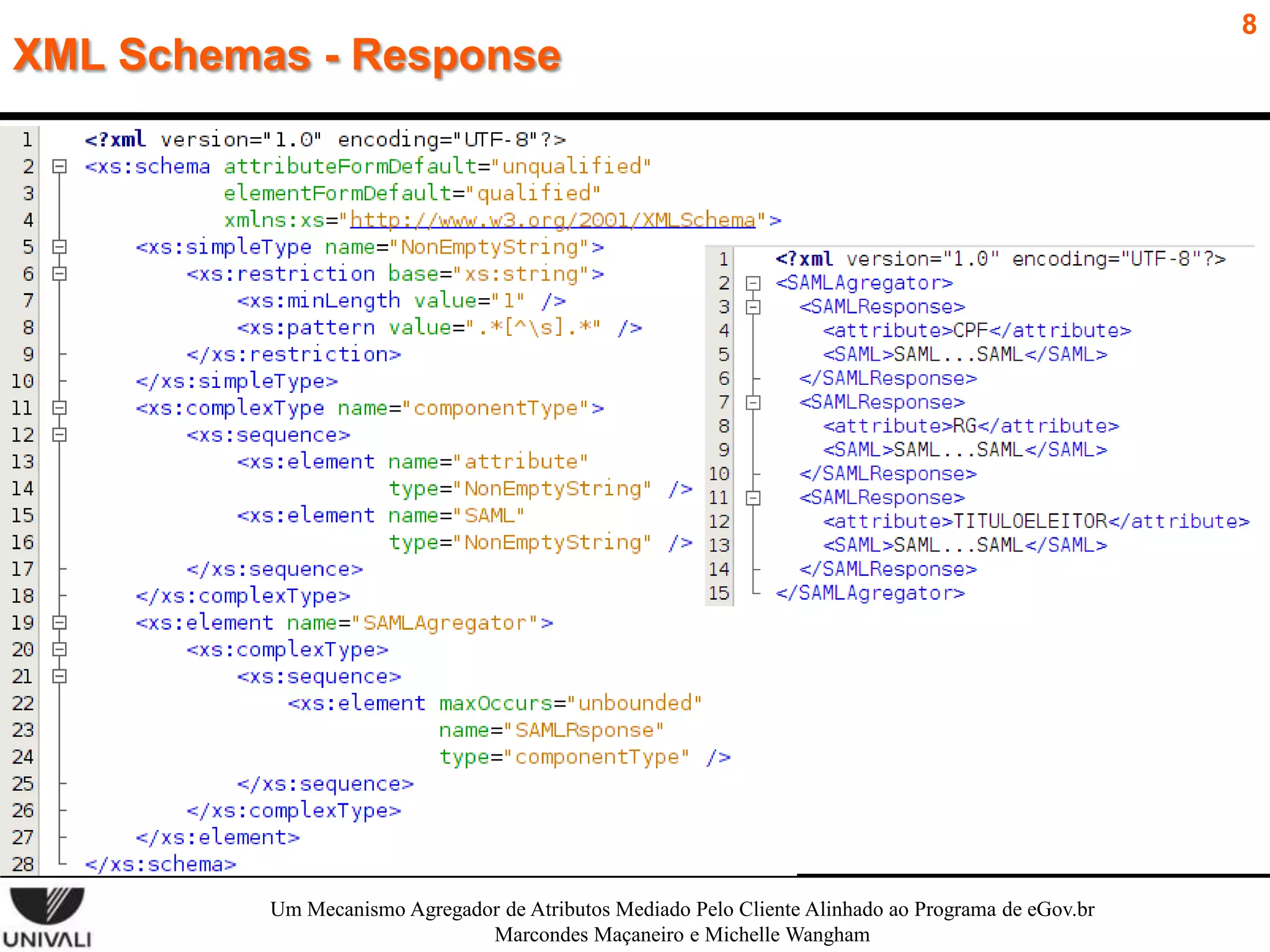 XML Schemas - Response
 v

Um Mecanismo Agregador de Atributos Mediado Pelo Cliente Alinhado ao Programa de eGov.br
Marcondes Maçaneiro e Michelle Wangham

8

 