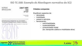 ISO TC-268: Exemplo de Abordagem normativa do SC2
Legenda:
Cidades compactas
Equilibram aspectos de:
- densidade,
- mobilidade,
- acesso a serviços,
- favorecendo:
- caminhabilidade,
- sustentabilidade,
- conectividade modal
(ex: transporte coletivo e mobilidade ativa)
 