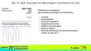 ISO TC-268: Exemplo de Abordagem normativa do SC2
Legenda:
Parâmetros e indicadores
para tomada de decisão e monitoramento:
- conforto,
- acessibilidade,
- consumo energético,
- frequência do serviço,
- distância entre paradas,
- alcance máximo,
- forma de distribuição do meio de transporte
(radial, circular, etc.)
 