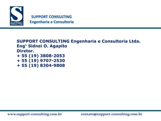 SUPPORT CONSULTING
           SUPPORT CONSULTING
          Engenharia e Consultoria



    SUPPORT CONSULTING Engenharia e Consultoria Ltda.
    Eng° Sidnei O. Agapito
    Diretor.
    + 55 (19) 3808-2053
    + 55 (19) 9707-2530
    + 55 (19) 8304-9808




www.support-consulting.com.br
www.support-consulting.com.br        contato@support-consulting.com.br
 
