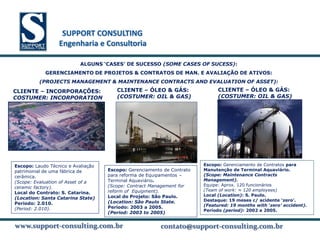 SUPPORT CONSULTING
                  SUPPORT CONSULTING
                 Engenharia e Consultoria

                          ALGUNS ‘CASES’ DE SUCESSO (SOME CASES OF SUCESS):
            GERENCIAMENTO DE PROJETOS & CONTRATOS DE MAN. E AVALIAÇÃO DE ATIVOS:
          (PROJECTS MANAGEMENT & MAINTENANCE CONTRACTS AND EVALUATION OF ASSET):
CLIENTE – INCORPORAÇÕES:               CLIENTE – ÓLEO & GÁS:                 CLIENTE – ÓLEO & GÁS:
COSTUMER: INCORPORATION                (COSTUMER: OIL & GAS)                 (COSTUMER: OIL & GAS)




Escopo: Laudo Técnico e Avaliação                                       Escopo: Gerenciamento de Contratos para
patrimonial de uma fábrica de       Escopo: Gerenciamento de Contrato   Manutenção de Terminal Aquaviário.
cerâmica.                           para reforma de Equipamentos –      (Scope: Maintenance Contracts
                                    Terminal Aquaviário.                Management).
(Scope: Evaluation of Asset of a
                                    (Scope: Contract Management for     Equipe: Aprox. 120 funcionários
ceramic factory).
                                    reform of Equipment).               (Team of work: ≈ 120 employees)
Local do Contrato: S. Catarina.
                                    Local do Projeto: São Paulo.        Local (Location): S. Paulo.
(Location: Santa Catarina State)                                        Destaque: 19 meses c/ acidente ‘zero’.
Período: 2.010.                     (Location: São Paulo State.
                                    Período: 2003 a 2005.               (Featured: 19 months with ‘zero’ accident).
(Period: 2.010).                                                        Período (period): 2002 a 2005.
                                    (Period: 2003 to 2005)

www.support-consulting.com.br
www.support-consulting.com.br
www.support-consulting.com.br                            contato@support-consulting.com.br
                                                                     www.unika.com.br
 