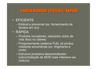 CADEIA HIBRIDA: EFICIENTE/RÁPIDA

• EFICIENTE
 – Estável e previsível (ex. fornecimento de
   tecidos em cru)
• RÁPIDA
 – Produtos inovadores, reduzidos ciclos de
   vida (foco no cliente)
 – Postponemente (sistema Pull): só produz
   mediante encomenda (ex. tingimento e
   corte)
 – Estrutura produtiva descentralizada:
   subcontratação de MOD mais intensiva (ex.
   costura)
 
