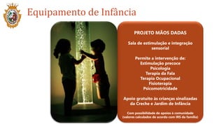 Equipamento de Infância
PROJETO MÃOS DADAS
Sala de estimulação e integração
sensorial
Permite a intervenção de:
Estimulação precoce
Psicologia
Terapia da Fala
Terapia Ocupacional
Fisioterapia
Psicomotricidade
Apoio gratuito às crianças sinalizadas
da Creche e Jardim de Infância
Com possibilidade de apoios à comunidade
(valores calculados de acordo com IRS da família)
 