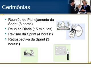 Cerimônias
 Reunião de Planejamento da
Sprint (8 horas)
 Reunião Diária (15 minutos)
 Revisão da Sprint (4 horas*)
 Retrospectiva da Sprint (3
horas*)
 
