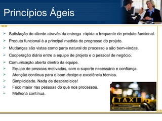 Princípios Ágeis
 Satisfação do cliente através da entrega rápida e frequente de produto funcional.
 Produto funcional é a principal medida de progresso do projeto.
 Mudanças são vistas como parte natural do processo e são bem-vindas.
 Cooperação diária entre a equipe de projeto e o pessoal de negócio.
 Comunicação aberta dentro da equipe.
 Equipe de pessoas motivadas, com o suporte necessário e confiança.
 Atenção contínua para o bom design e excelência técnica.
 Simplicidade. Nada de desperdícios!
 Foco maior nas pessoas do que nos processos.
 Melhoria contínua.
 