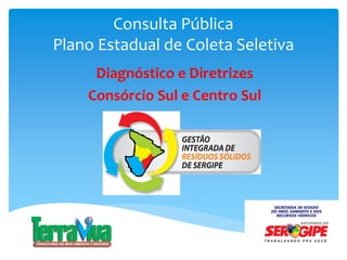 Consulta Pública
Plano Estadual de Coleta Seletiva
Diagnóstico e Diretrizes
Consórcio Sul e Centro Sul
 