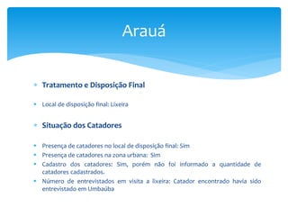  Tratamento e Disposição Final
 Local de disposição final: Lixeira
 Situação dos Catadores
 Presença de catadores no local de disposição final: Sim
 Presença de catadores na zona urbana: Sim
 Cadastro dos catadores: Sim, porém não foi informado a quantidade de
catadores cadastrados.
 Número de entrevistados em visita a lixeira: Catador encontrado havia sido
entrevistado em Umbaúba
Arauá
 