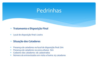  Tratamento e Disposição Final
 Local de disposição final: Lixeira
 Situação dos Catadores
 Presença de catadores no local de disposição final: Sim
 Presença de catadores na zona urbana: Sim
 Cadastro dos catadores: 06 cadastrados
 Número de entrevistados em visita a lixeira: 05 catadores
Pedrinhas
 