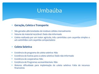  Geração, Coleta e Transporte
 São geradas 480 toneladas de resíduos sólidos mensalmente
 Volume de material reciclável: Dado não informado
 Coleta realizada por um trator agrícola, três caminhões com caçamba simples e
um caminhões com caçamba compactadora
 Coleta Seletiva
 Existência de programa de coleta seletiva: Não
 Existência de lixeiras para a coleta seletiva: Dado não informado
 Existência de cooperativa: Não
 Existência de Programas socioambientais: Não
 Maiores dificuldade para implantação da coleta seletiva: Falta de recursos
financeiros
Umbaúba
 