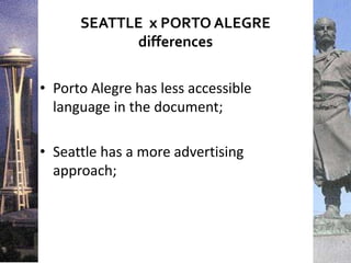 SEATTLE x PORTO ALEGRE
differences
• Porto Alegre has less accessible
language in the document;
• Seattle has a more advertising
approach;
 