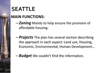 SEATTLE
MAIN FUNCTIONS:
–Zoning Mainly to help ensure the provision of
affordable housing.
–Projects The plan has several section describing
the approach in each aspect: Land use, Housing,
Economic, Environmental, Human Development…
–Budget We couldn’t find the information.
 