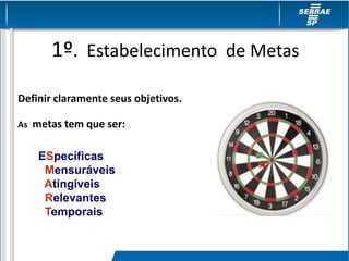 1º. Estabelecimento de Metas
Definir claramente seus objetivos.
As metas tem que ser:
ESpecíficas
Mensuráveis
Atingíveis
Relevantes
Temporais
 