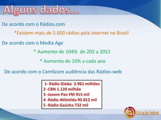 De acordo com o Rádios.com 
*Existem mais de 5.000 rádios pela internet no Brasil 
De acordo com o Media Age 
* Aumento de 104% de 202 a 2012 
* Aumento de 10% a cada ano 
De acordo com o ComScore audiência das Rádios-web 
1- Rádio Globo 2.961 milhões 
2 -CBN 1.120 milhão 
3 -Jovem Pan FM 915 mil 
4 -Rádio Atlântida RS 812 mil 
5 -Rádio Gaúcha 732 mil 
 