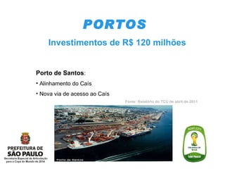 PORTOS   Investimentos de R$ 120 milhões Porto de Santos : Alinhamento do Caís  Nova via de acesso ao Caís Fonte: Relatório do TCU de abril de 2011 