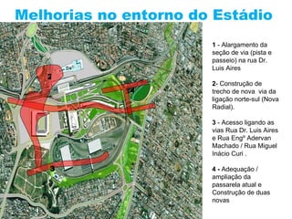 Melhorias no entorno do Estádio 2 3 1 4 1  - Alargamento da seção de via (pista e passeio) na rua Dr. Luis Aires 2 - Construção de trecho de nova  via da ligação norte-sul (Nova Radial).  3  - Acesso ligando as  vias Rua Dr. Luis Aires e Rua Engº Adervan Machado / Rua Miguel Inácio Curi . 4 -  Adequação / ampliação da passarela atual e Construção de duas novas   