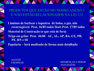  
PRODUTOS QUE ESTÃO NO NOSSO ANEXO 1 PRODUTOS QUE ESTÃO NO NOSSO ANEXO 1 
E NÃO ESTÃO RELACIONADOS NA LEI 123E NÃO ESTÃO RELACIONADOS NA LEI 123
Lâminas de barbear e isqueiros de bolso, a gás, não
recarregáveis Prot. 16/85 todos Start Prot. 17/85 todos
Material de Construção (o que está de fora)
Trigo em grãos Prot. 46/00 AC, AL, AP, BA, CE, PB,
PE, RN e SE
Papelaria – Será analisado de forma mais detalhada
DIFERENÇAS A SEREM 
ANALISADAS
ALGUNS 
EXEMPLOS
 