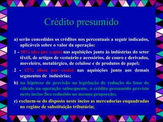 
Crédito presumidoCrédito presumido
a) serão concedidos os créditos nos percentuais a seguir indicados,
aplicáveis sobre o valor da operação:
1 - 10% (dez por cento) nas aquisições junto às indústrias do setor
têxtil, de artigos de vestuário e acessórios, de couro e derivados,
moveleiro, metalúrgico, de celulose e de produtos de papel;
2 - 12% (doze por cento) nas aquisições junto aos demais
segmentos de indústrias;
b) na hipótese de previsão na legislação de redução da base de
cálculo na operação subsequente, o crédito presumido previsto
neste inciso fica reduzido na mesma proporção;
c) excluem-se do disposto neste inciso as mercadorias enquadradas
no regime de substituição tributária;
 