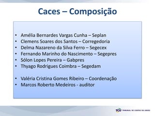 • Amélia Bernardes Vargas Cunha – Seplan
• Clemens Soares dos Santos – Corregedoria
• Delma Nazareno da Silva Ferro – Segecex
• Fernando Marinho do Nascimento – Segepres
• Sólon Lopes Pereira – Gabpres
• Thyago Rodrigues Coimbra – Segedam
• Valéria Cristina Gomes Ribeiro – Coordenação
• Marcos Roberto Medeiros - auditor
Caces – Composição
 
