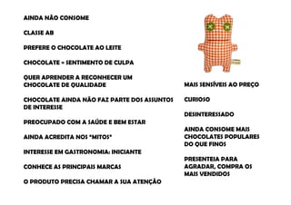 AINDA NÃO CONSOME

CLASSE AB

PREFERE O CHOCOLATE AO LEITE

CHOCOLATE = SENTIMENTO DE CULPA

QUER APRENDER A RECONHECER UM
CHOCOLATE DE QUALIDADE                       MAIS SENSÍVEIS AO PREÇO

CHOCOLATE AINDA NÃO FAZ PARTE DOS ASSUNTOS   CURIOSO
DE INTERESSE
                                             DESINTERESSADO
PREOCUPADO COM A SAÚDE E BEM ESTAR
                                             AINDA CONSOME MAIS
AINDA ACREDITA NOS “MITOS”                   CHOCOLATES POPULARES
                                             DO QUE FINOS
INTERESSE EM GASTRONOMIA: INICIANTE
                                             PRESENTEIA PARA
CONHECE AS PRINCIPAIS MARCAS                 AGRADAR, COMPRA OS
                                             MAIS VENDIDOS
O PRODUTO PRECISA CHAMAR A SUA ATENÇÃO
 