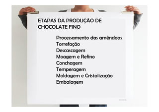 ETAPAS DA PRODUÇÃO DE
CHOCOLATE FINO

      Processamento das amêndoas
      Torrefação
      Descascagem
      Moagem e Refino
      Conchagem
      Temperagem
      Moldagem e Cristalização
      Embalagem
 
