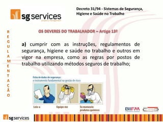 a) cumprir com as instruções, regulamentos de
segurança, higiene e saúde no trabalho e outros em
vigor na empresa, como as regras por postos de
trabalho utilizando métodos seguros de trabalho;
Decreto 31/94 - Sistemas de Segurança,
Higiene e Saúde no Trabalho
 