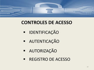 CONTROLES DE ACESSO
 IDENTIFICAÇÃO
 AUTENTICAÇÃO
 AUTORIZAÇÃO
 REGISTRO DE ACESSO
10
 