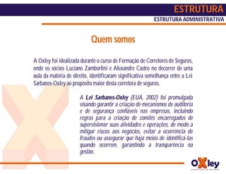 ESTRUTURA
                                                           ESTRUTURA ADMINISTRATIVA


                            Quem somos

A Oxley foi idealizada durante o curso de Formação de Corretores de Seguros,
onde os sócios Luciano Zamborlini e Alexandre Castro no decorrer de uma
aula da matéria de direito, identificaram significativa semelhança entre a Lei
Sarbanes-Oxley ao propósito maior desta corretora de seguros.

                      A Lei Sarbanes-Oxley (EUA, 2002) foi promulgada
                      visando garantir a criação de mecanismos de auditoria
                      e de segurança confiáveis nas empresas, incluindo
                      regras para a criação de comitês encarregados de
                      supervisionar suas atividades e operações, de modo a
                      mitigar riscos aos negócios, evitar a ocorrência de
                      fraudes ou assegurar que haja meios de identificá-las
                      quando ocorrem, garantindo a transparência na
                      gestão.
 