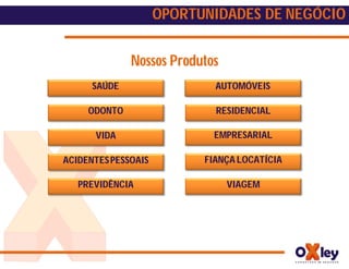 OPORTUNIDADES DE NEGÓCIO


              Nossos Produtos
      SAÚDE                  AUTOMÓVEIS

     ODONTO                  RESIDENCIAL

      VIDA                  EMPRESARIAL

ACIDENTES PESSOAIS         FIANÇA LOCATÍCIA

   PREVIDÊNCIA                  VIAGEM
 
