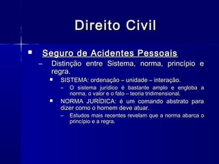 Direito Civil
Seguro de Acidentes Pessoais



–

Distinção entre Sistema, norma, princípio e
regra.



SISTEMA: ordenação – unidade – interação.
–



O sistema jurídico é bastante amplo e engloba a
norma, o valor e o fato – teoria tridimensional.

NORMA JURÍDICA: é um comando abstrato para
dizer como o homem deve atuar.
–

Estudos mais recentes revelam que a norma abarca o
princípio e a regra.

 