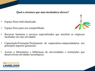 Qual a estrutura que uma incubadora oferece?

• Espaço físico individualizado.
• Espaço físico para uso compartilhado.
• Recursos humanos e serviços especializados que auxiliem as empresas
incubadas em suas atividades.
• Capacitação/Formação/Treinamento de empresários-empreendedores nos
principais aspectos gerenciais.
• Acesso a laboratórios e bibliotecas de universidades e instituições que
desenvolvam atividades tecnológicas.

 