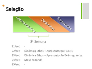 Seleção 2ª Semana 21/set - 22/set Dinâmica Ethos + Apresentação FEJEPE 23/set Dinâmica Ethos + Apresentação Ex-integrantes 24/set Mesa redonda 25/set - Apresentações Dinâmicas Entrevistas 