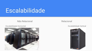 Escalabilidade
Não Relacional
Escalabilidade Horizontal
Relacional
Escalabilidade Vertical
 