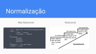 Normalização
Não Relacional Relacional
 