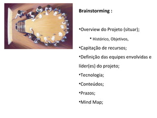 Brainstorming :


•Overview do Projeto (situar);
     • Histórico, Objetivos,
•Capitação de recursos;
•Definição das equipes envolvidas e
líder(es) do projeto;
•Tecnologia;
•Conteúdos;
•Prazos;
•Mind Map;
 